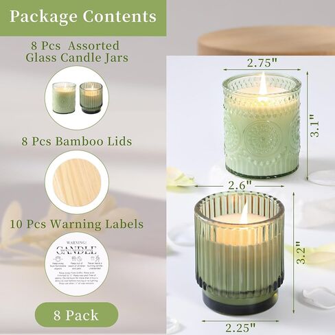 8 Pack Assorted Green Glass Candle Jars for Making Candles, Empty Candle Containers-7 Oz, Candle Making Supplies, Candle Vessels with Bamboo Lids & Warning Labels for Home, Centerpiece Table Decor in Saudi Arabia