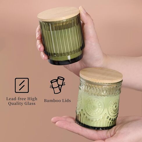 8 Pack Assorted Green Glass Candle Jars for Making Candles, Empty Candle Containers-7 Oz, Candle Making Supplies, Candle Vessels with Bamboo Lids & Warning Labels for Home, Centerpiece Table Decor in Saudi Arabia