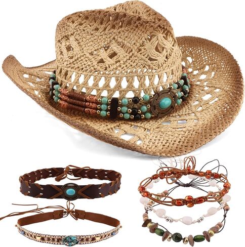 Straw Hats for Women Straw Cowboy Hat Cowgirl Hat Beach Cowboy Hats for Women Western Beach Coastal Cowgirl Hat with 6 Replacement Decorative Bands Beige in Saudi Arabia