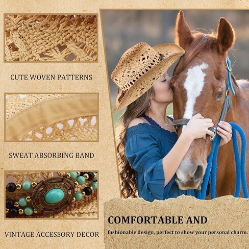 Straw Hats for Women Straw Cowboy Hat Cowgirl Hat Beach Cowboy Hats for Women Western Beach Coastal Cowgirl Hat with 6 Replacement Decorative Bands Beige in Saudi Arabia