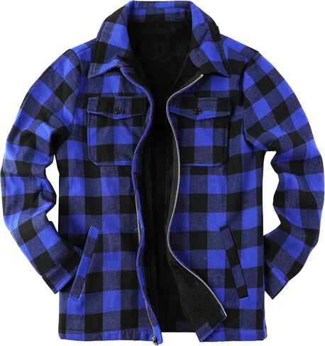 Mens Fleece Jacket Sherpa Lined Zip Up Buffalo Plaid Flannel Coat Casual Long Sleeve Warm Fall Winter Outwear in Saudi Arabia