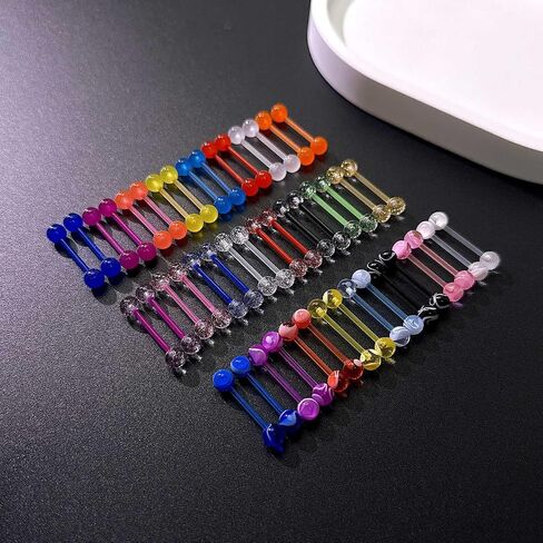 48pcs 14g توهج في الداكن المرن المرن اللسان المستقيم لسان الحديد من البلاستيك مجوهرات ثقب للنساء الرجال حلوى لون لسان حلقات 16 مم بار in Kuwait
