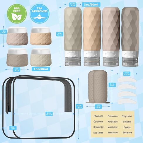 16Pack Travel Bottles for Toiletries, TSA Approved Travel Size Toiletries Containers Set, Silicone Leak Proof Refillable Bottles Elastic Sleeves Creams Jars Accessories Kit W/Clear Bag (Cream) in Kuwait