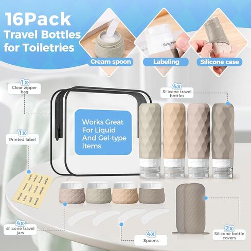 16Pack Travel Bottles for Toiletries, TSA Approved Travel Size Toiletries Containers Set, Silicone Leak Proof Refillable Bottles Elastic Sleeves Creams Jars Accessories Kit W/Clear Bag (Cream) in Kuwait