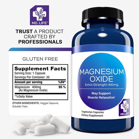MD. Life Magnesium Oxide Supplement – 90 Capsules - High Absorption Magnesium Supplement for Vascular Health, Leg Cramps, Magnesium for Sleep - Non GMO in Saudi Arabia