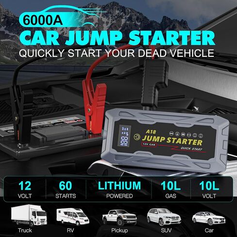 A18 Jump Starter 5000A Peak car Starter (جميع الغازات، محرك ديزل يصل إلى 10.0 لتر) صندوق قفز ليثيوم فائق الأمان 12 فولت، بنك طاقة محمول مع شحن USB سريع QC3.0 ومنفذ من النوع C. in Saudi Arabia