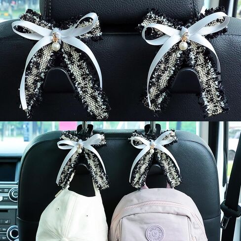 Amooca Car Seat مسند رأس خطاف لطيف Bowknot مركبة شماعات تخزين السيارة منظم لحقيبة اليد محفظة معطف كيس البقالة الوردي الأبيض in Kuwait