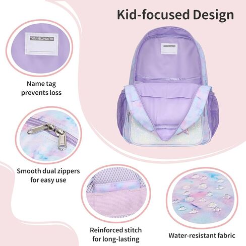 حقيبة ظهر للأطفال للفتيات - حقيبة ظهر على شكل حورية البحر مقاس 15 بوصة للفتيات من عمر 3 إلى 8 سنوات، حقيبة ظهر لمرحلة ما قبل المدرسة الابتدائية للأطفال مع جيب معزول وشريط عاكس، حورية البحر أرجوانية in Kuwait