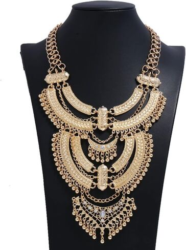 YAZILIND Clavicle Chunky Bib Necklace Layered Tassels Rhinestone Exaggerated Vintage Ethnic Long Engraved Bohemian Statement in Saudi Arabia