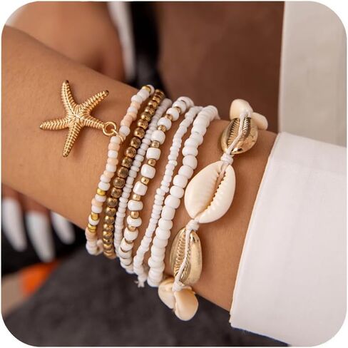 Bohemian 7 PCS Colorful Beaded Seashell Starfish Bracelet Set Beach Jewelry for Women Summer Beach Bracelets Adjustable Healing Bracelet Jewelry Accessories in Saudi Arabia