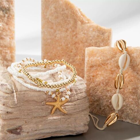 Bohemian 7 PCS Colorful Beaded Seashell Starfish Bracelet Set Beach Jewelry for Women Summer Beach Bracelets Adjustable Healing Bracelet Jewelry Accessories in Saudi Arabia