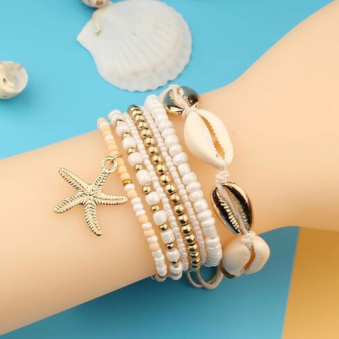 Bohemian 7 PCS Colorful Beaded Seashell Starfish Bracelet Set Beach Jewelry for Women Summer Beach Bracelets Adjustable Healing Bracelet Jewelry Accessories in Saudi Arabia