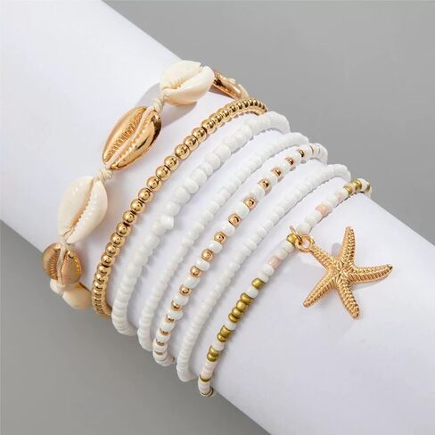 Bohemian 7 PCS Colorful Beaded Seashell Starfish Bracelet Set Beach Jewelry for Women Summer Beach Bracelets Adjustable Healing Bracelet Jewelry Accessories in Saudi Arabia