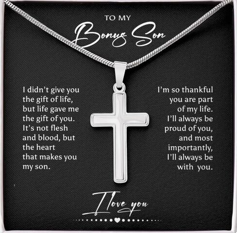 To My Bonus Son Necklace, Stepson Gift, Personalized Cross Necklace, From Stepmom And Stepdad - Two Toned Box, Thankful in Saudi Arabia