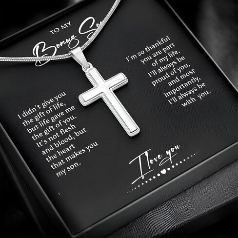 To My Bonus Son Necklace, Stepson Gift, Personalized Cross Necklace, From Stepmom And Stepdad - Two Toned Box, Thankful in Saudi Arabia