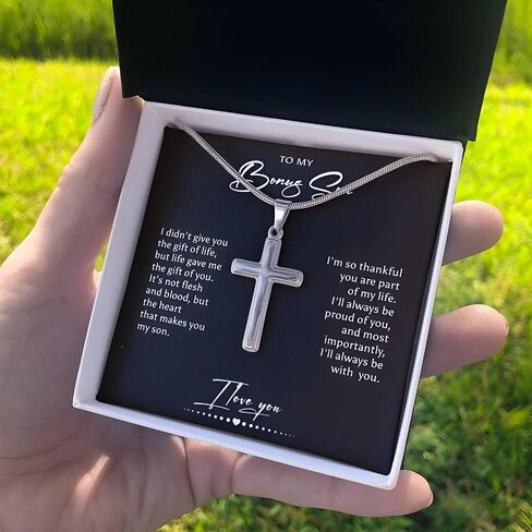 To My Bonus Son Necklace, Stepson Gift, Personalized Cross Necklace, From Stepmom And Stepdad - Two Toned Box, Thankful in Saudi Arabia