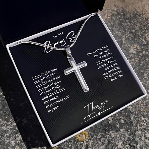To My Bonus Son Necklace, Stepson Gift, Personalized Cross Necklace, From Stepmom And Stepdad - Two Toned Box, Thankful in Saudi Arabia