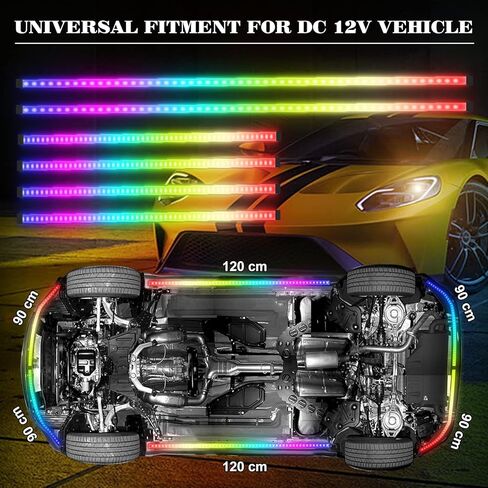 8PCS Car Underglow Light Bar Kit - Wireless App & Remote Control Dreamcolor Chasing Lights, Aluminum Exterior Underbody Multicolor Soundsync Neon Light Strip for Car Truck RV in Kuwait