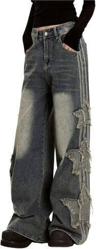 Baggy Jeans for Woman Girls Star Patchwork High Waist Cute Jean Streetwear Loose Pants Grunge Emo Clothing in Saudi Arabia