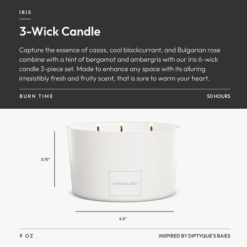 Aroma360 - Iris 9oz Candle - Luxury Scented Candles with Essential Oils - Notes of Cassis, Cool Blackcurrant and Bulgarian Rose - Aromatherapy - Soy Candles - 50hr Burn (White) in Saudi Arabia
