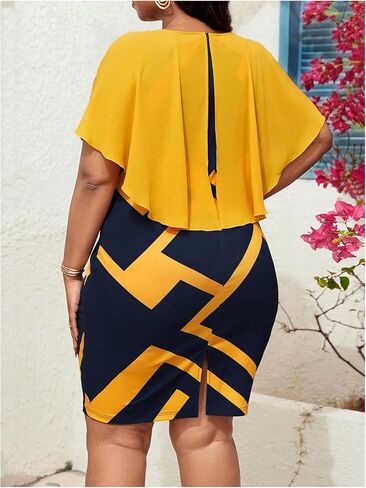 Floerns Women's Plus Size Geo Print Cloak Sleeve Party Dress Elegant Short Pencil Dresses in Saudi Arabia