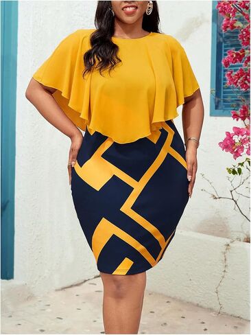 Floerns Women's Plus Size Geo Print Cloak Sleeve Party Dress Elegant Short Pencil Dresses in Saudi Arabia
