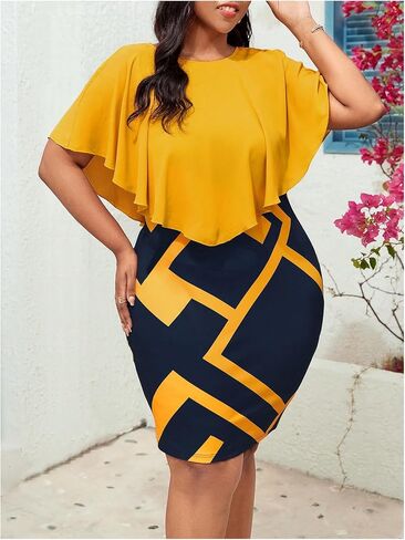 Floerns Women's Plus Size Geo Print Cloak Sleeve Party Dress Elegant Short Pencil Dresses in Saudi Arabia