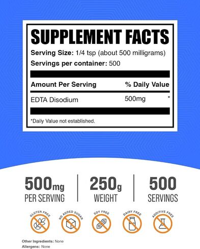 BulkSupplements.com مسحوق ثنائي الصوديوم EDTA - ملح ثنائي الصوديوم EDTA، درجة الغذاء EDTA - إضافات غذائية، نقي وخالي من الغلوتين - 500 مجم لكل وجبة، 500 جم (1.1 رطل) in Saudi Arabia