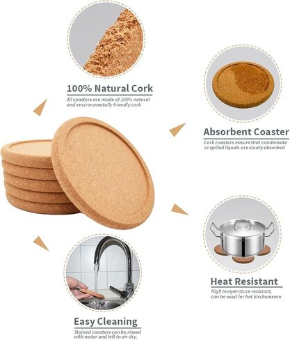 Cork Coasters for Drinks Absorbent - 6 Pcs 4 Inch Cork Coasters with Lip Heat Resistant Reusable Drink Coaster Set Extra Thick Perfect for Cups Glasses Mugs in Saudi Arabia