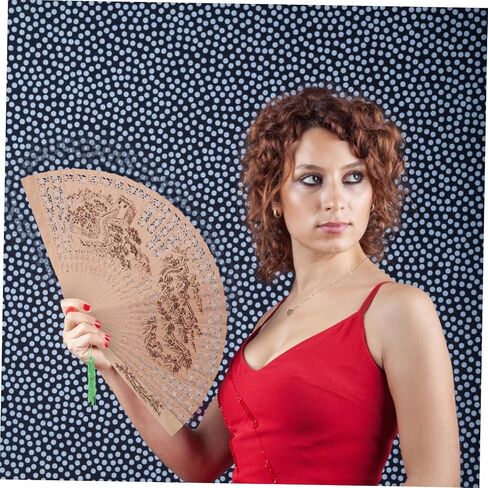 Homoyoyo Sandalwood Hand Fan Elegant Hollow Design Portable Foldable Accessory for Decor for Weddings and Stage Random Strap Included in Saudi Arabia