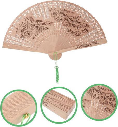 Homoyoyo Sandalwood Hand Fan Elegant Hollow Design Portable Foldable Accessory for Decor for Weddings and Stage Random Strap Included in Saudi Arabia