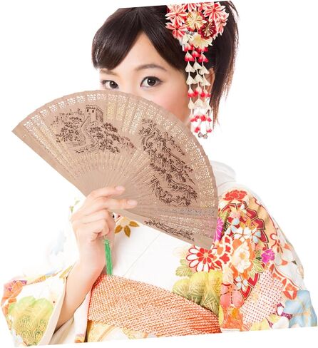 Homoyoyo Sandalwood Hand Fan Elegant Hollow Design Portable Foldable Accessory for Decor for Weddings and Stage Random Strap Included in Saudi Arabia