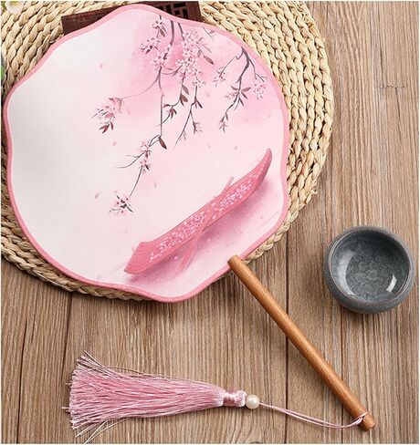 مروحة قابلة للطي على شكل زهرة ، مقبض طويل مستدير مروحة حرير قطعة قماش مروحة مروحة يدويًا مع الدعائم المنصة هانفو تشيونغسام in Kuwait