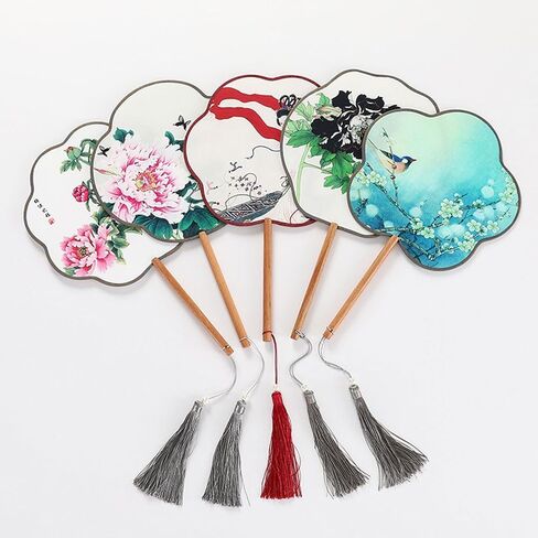 مروحة قابلة للطي على شكل زهرة ، مقبض طويل مستدير مروحة حرير قطعة قماش مروحة مروحة يدويًا مع الدعائم المنصة هانفو تشيونغسام in Kuwait