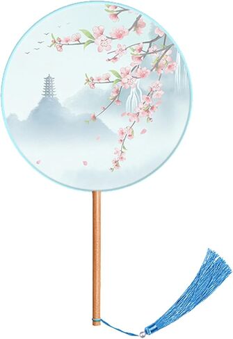 Semi-transparent Folding Fan Long-handled Round Fan Embroidered Tassel Hand-cranked Fan Used by Women to Match Hanfu Cheongsam in Kuwait
