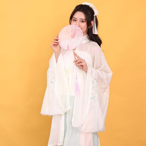 Semi-transparent Folding Fan Long-handled Round Fan Embroidered Tassel Hand-cranked Fan Used by Women to Match Hanfu Cheongsam in Kuwait