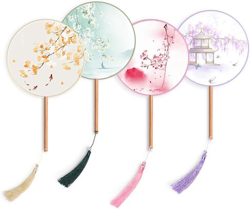 Semi-transparent Folding Fan Long-handled Round Fan Embroidered Tassel Hand-cranked Fan Used by Women to Match Hanfu Cheongsam in Kuwait