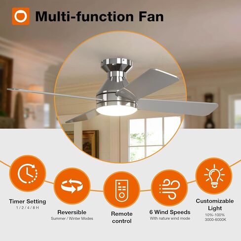 addlon Ceiling Fans with Lights, 42 inch Low Profile Ceiling Fan with Light and Remote Control, Flush Mount, Reversible, 3CCT Dimmable 4 Blades Black Small Ceiling Fan for Bedroom Indoor/Outdoor Use in Kuwait