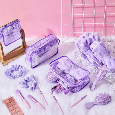 6 Set Spa Party Favors for Women Purple Travel Makeup Brush Bag Mini Hair Brushes Headband Scrunchies for Sleepover Bachelorette Wedding Bridal Shower Party Supplies Bridesmaid Gifts in Saudi Arabia
