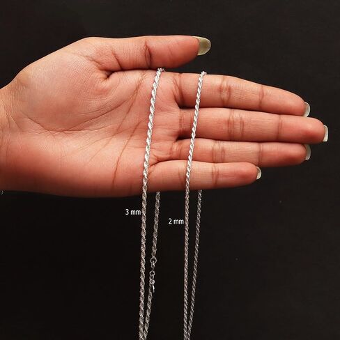 قلادة LeCalla الصلبة 925 من الفضة الإسترليني الإيطالية 2 مم، 3 مم من حبل مضفر بقطع الماس للرجال والنساء مع مشبك مخلب جراد البحر، صنع في إيطاليا (18، 20، 22، 24، 26 بوصة) in Kuwait