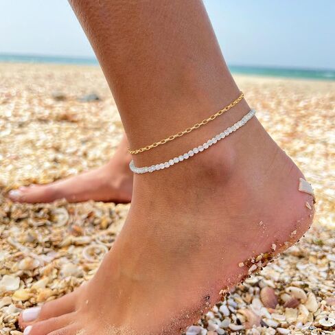 DREMMY STUDIOS Gold Anklet Bracelets for Women 14K Gold Plated Stone Handmade Beaded Link Chain Anklets Jewelry Gift in Kuwait