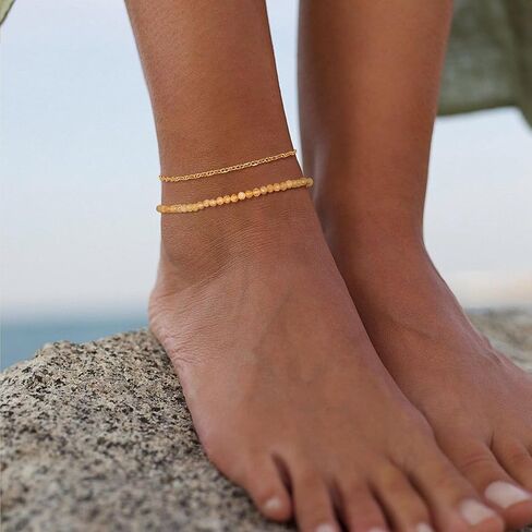 Dremmy Studios Gold Anklet Bracelets for Women 14K Gold Plated Stone Handmaded Handmed Beaded Beaded Chain Anklets Jewelry Gift in Kuwait