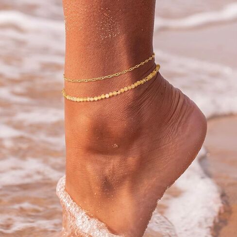 Dremmy Studios Gold Anklet Bracelets for Women 14K Gold Plated Stone Handmaded Handmed Beaded Beaded Chain Anklets Jewelry Gift in Kuwait