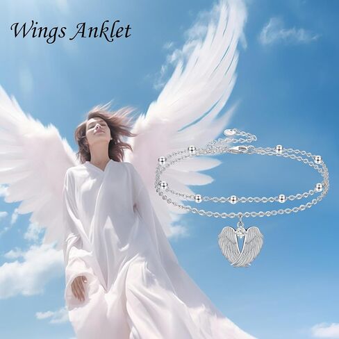 YFN Angel Wings Anklet Sterling Silver Guardian Angel Wings Layered Ankle Bracelets for Women Jewelry Gifts in Saudi Arabia