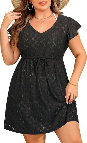 بالإضافة إلى Swimsuit Swimsuit Up - Women v Neck Mollowr Hollow Out Out Flutter Coverups Swimwear Summer Beach Dress in Kuwait