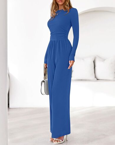 BTFBM Jumpsuits For Women Dressy Casual Fall Clothes 2025 Long Sleeve Knit Ruched Business Lounge Pants Rompers Pockets in Saudi Arabia