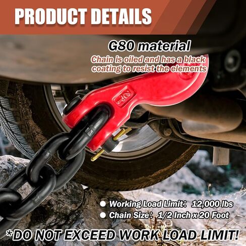 سلسلة ربط النقل G80 3/8 بوصة × 10 قدم | سلسلة سحب مع خطافات إمساك Clevis | سلسلة شديدة التحمل لنقل القطر | حمل عمل آمن يصل إلى 7,100 رطل in Kuwait