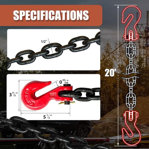 سلسلة ربط النقل G80 3/8 بوصة × 10 قدم | سلسلة سحب مع خطافات إمساك Clevis | سلسلة شديدة التحمل لنقل القطر | حمل عمل آمن يصل إلى 7,100 رطل in Kuwait