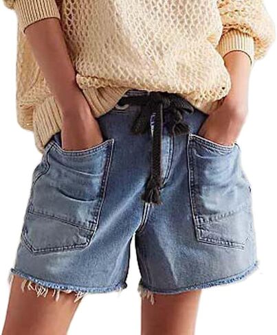 Mxiqqpltky Drawstring Jean Shorts Womens Casual High Waisted Straight Leg Baggy Denim Shorts Summer Loose Fit Short Jeans Y2K in Saudi Arabia