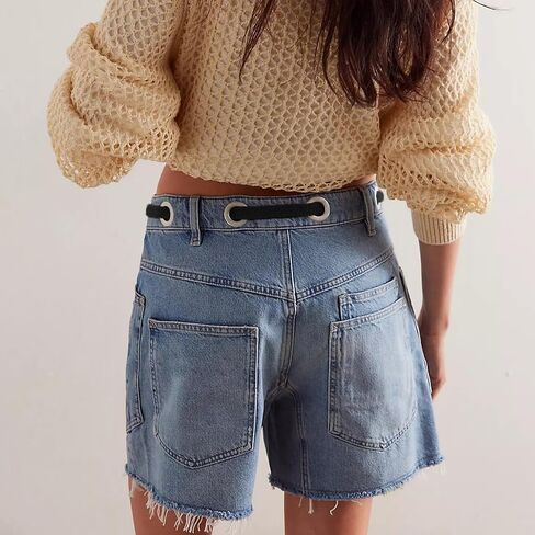 Mxiqqpltky Drawstring Jean Shorts Womens Casual High Waisted Straight Leg Baggy Denim Shorts Summer Loose Fit Short Jeans Y2K in Saudi Arabia